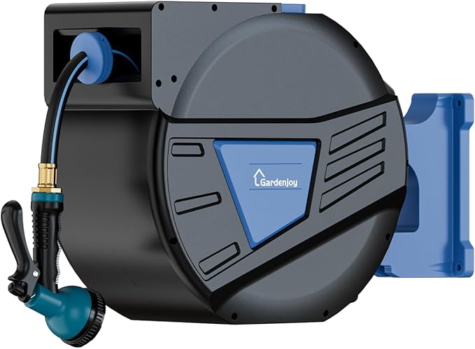 GARDENJOY Retractable Garden Hose Reel, 65 ft x 5/8 inch Heavy Duty Garden Hose with 180°Swivel Wall Mounted Bracket, 10 Pattern Sprayer Nozzle, Any Length Lock & Slow Return System