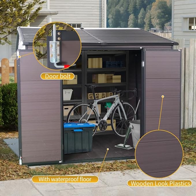 8x6 FT Resin Outdoor Storage Shed with Floor and 2 Windows, Outside Plastic Sheds Storage Clearance w/Lockable Door, Backyard Garden Tool House for Patio, Yard, Lawn, Bike, Brown