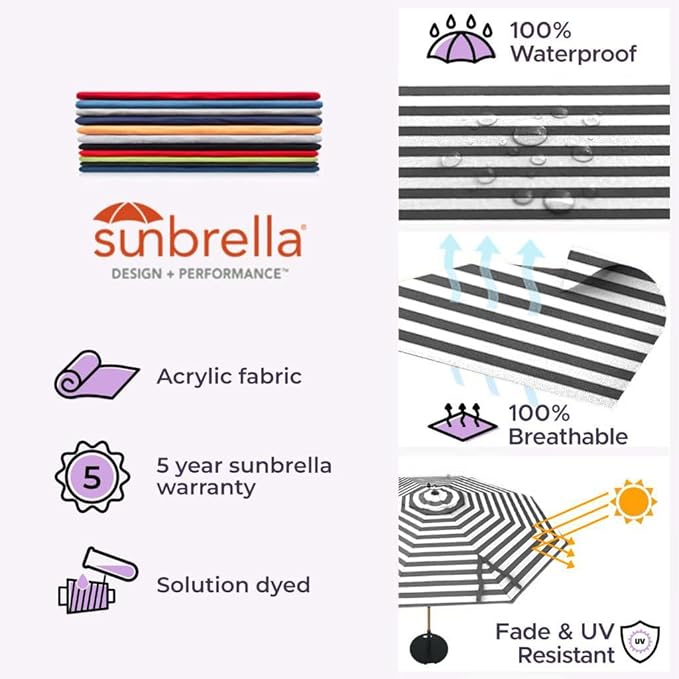 Midtown Umbrellas Sunbrella Umbrella Large Patio Umbrella 2-10 Feet in Black & White Fabric, Auto-Tilt Aluminum Frame Backyard Umbrella, Deck Umbrella, Garden Umbrella & Porch Umbrella - Wooden Pole