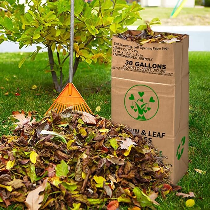 30 Gallon Heavy Duty Brown Paper Lawn and Leaf Bags with 20 GAL Dustpan-Type Bag, 2-Ply Heavy Duty Large Kraft Paper Bags (10 Count) | Tear Resistant Yard Waste Bag for Home and Garden