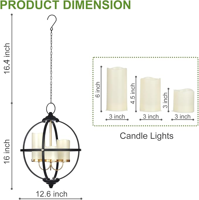 Battery Operated Outdoor Candle Chandelier - Black and Gold Metal Globe Hanging Pendant Light with 3 Flameless Candles, 12.6" Waterproof Lights for Gazebo, Pergola, Garden, Porch & Backyard