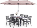 Sophia & William Patio Dining Set with 13ft Double-Sided Patio Umbrella, 8 Piece Metal Outdoor Table Furniture Set with 6 Stackable Chairs, 1 Rectangle Dining Table and 1 Large Beige Umbrella