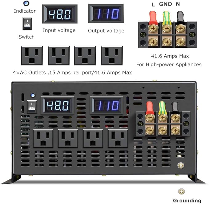 WZRELB 5000W 48V 110V Pure Sine Wave Power Inverter with 4 AC Outlets,Bipolar High-Frequency Inverter