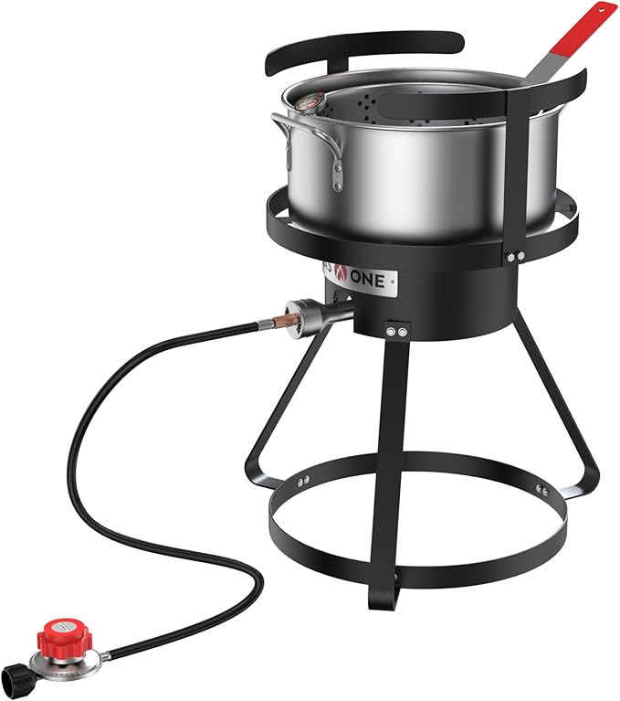 Gas One Propane Deep Fryer with 10Qt Deep Fryer Pot – High Grade Strainer Basket Aluminum Pot for Fish Fry Chicken Wings, Seafood Pot – Propane Burners for Outdoor Cooking Include Thermometer