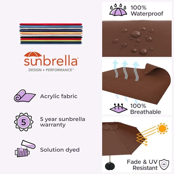 Midtown Umbrellas The Swilt 8 Feet Patio Umbrella in Sunbrella Bay Brown Acrylic Fabric - Fiberglass Ribs, Auto-Tilt Aluminum Frame For Backyard, Deck, Garden, Pool - White Pole