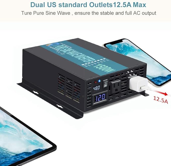 WZRELB 1500W 48V 120V Pure Sine Wave Power Inverter with 2 AC Outlets,Car Inverter