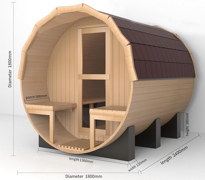 Outdoor Sauna 6-8 Person, Canadian Pinewood Barrel Sauna with Porch, ETL 6KW Toule Heater, Waterproof System, Asphalt Shingles, Rubber Base(0-195℉)