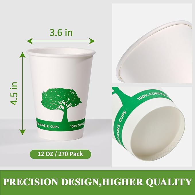 Vplus 270 Pack Compostable Paper Cups, 12 oz Biodegradable Disposable Paper Coffee Cups, Eco-friendly Hot Drinking Cups for Party, Picnic,Travel,and Events