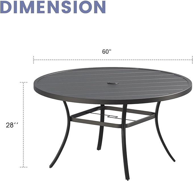 VICLLAX Outdoor Patio Round Dining Table, 60"x 60" Metal Slatted Round Tabletop with Adjustable Umbrella Hole for Deck Lawn Garden Backyard, Black