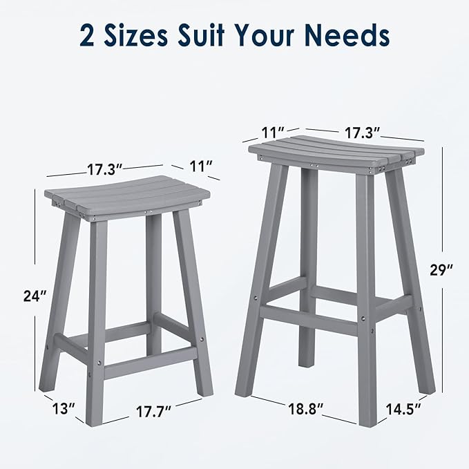 nalone 29 Inch Outdoor Bar Stools Set of 2, HDPE Bar Chairs with Footrest, Weather Resistant Barstools Outside Counter Height Stools for Yard, Balcony (Grey, 29'' Barstools Set of 2)