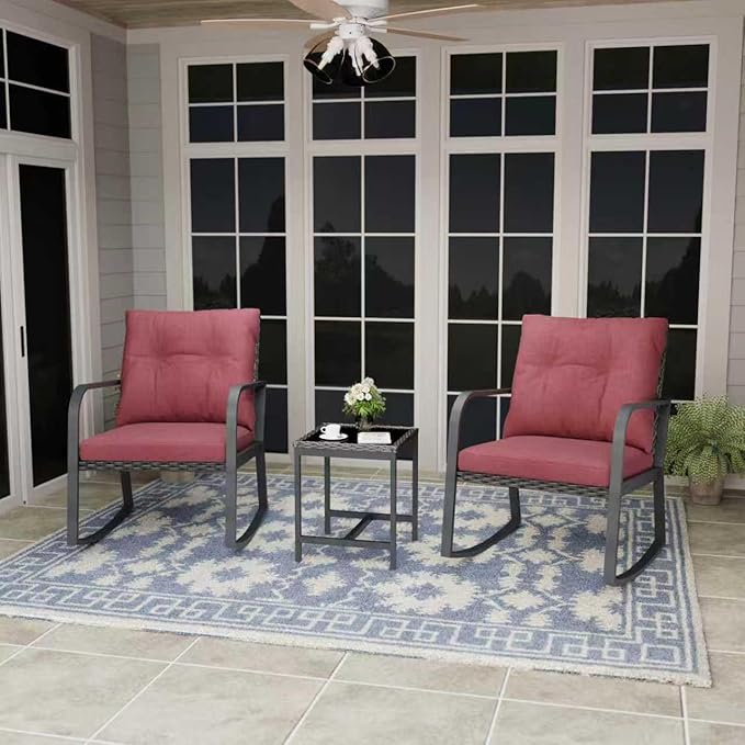 Bistro 3 Piece Patio Furniture Set, Patio Table and Rattan Outdoor Rocking Chairs Set of 2, Outdoor Bistro Conversation Set for Garden, Balcony, Poolside, Backyard, Red