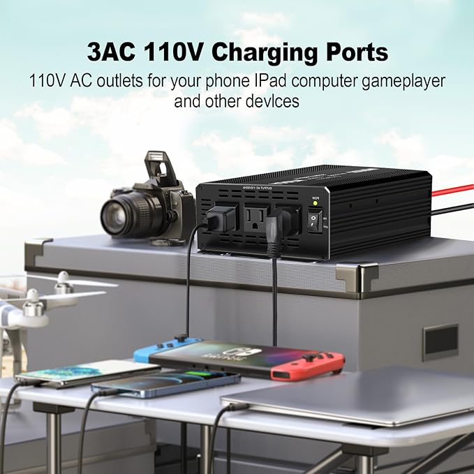 YSOLX 1500W Power Inverter 12V to 110V，Dc to Ac Inverter 3 AC Outlets，1500 Watt Inverter for Hurricanes, Power Outages，RV, Camping
