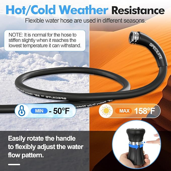 SPECILITE 5/8" Hot/Cold Water Hose 100 ft with High Flow Nozzle,Heavy Duty Flexible Rubber Garden Hose -50℉ to 158℉ With 3/4" Stainless Steel Fittings for Yard, Outdoor, Farm, Lightweight, Black