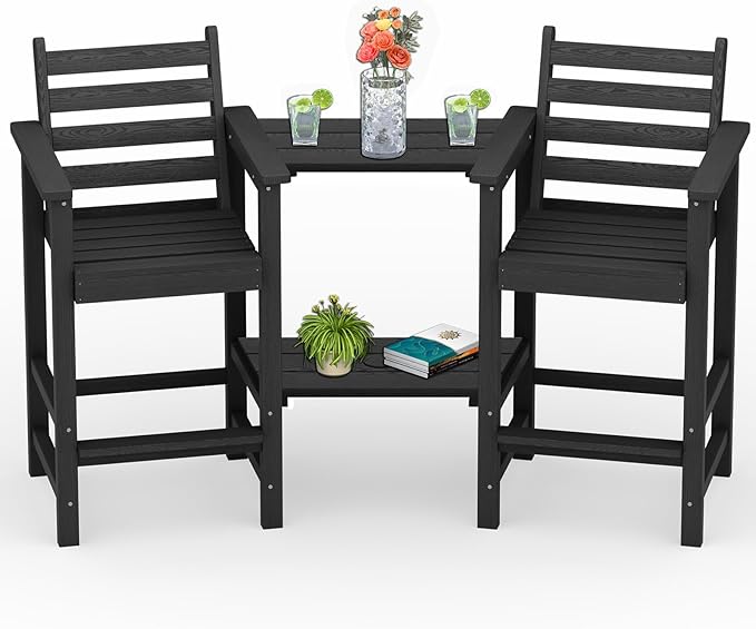 Tall Adirondack Chairs Set of 2, All Weather HDPE Poly Bar Height Balcony Adirondack Chair with Removable Double Connecting Trays, Outdoor Adirondack Barstools for Deck, Patio, Yard, Pool, Lawn