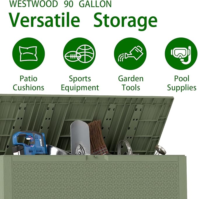 Outdoor Storage Box, 90 Gallon Deck Box, Waterproof Resin Storage Bin for Patio Cushions, Gardening Tools, Lockable, UV Resistant,Olive Green