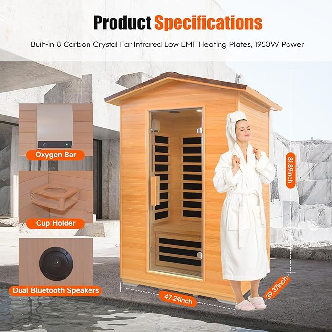 Outdoor Sauna Far Infrared Saunas Dry Sauna Room Canadian Hemlock Wood Wooden Sauna Spa 1950W Low-EMF with Cup Holder and Towel Rack for Two Person 47 * 39 * 82inch