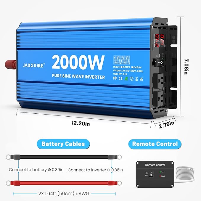 2000 Watt Pure Sine Wave Power Inverter, 24V dc to 110 Vdc to 120 Vdc, for Home, RV and Off-Grid Solar Systems, with 2 AC Outlets and USB Port, LCD Display, with Remote Control