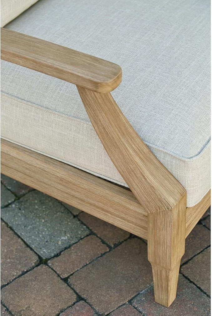 Signature Design by Ashley Clare View Outdoor Eucalyptus Wood Lounge Chair – Cushioned with Nuvella Fabric, 5-Step Protective Finish , Beige