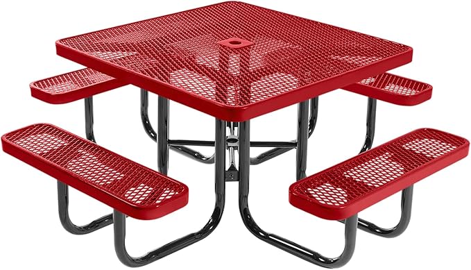 COATEDOUTDOORFURNITURE Heavy-Duty Portable Outdoor Picnic Table with Umbrella Hole, Expanded Metal Commercial-Grade Patio Dining Furniture Made in America (46" Square Top, Textured Red)