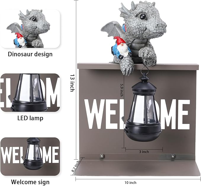 Bshine Dinosaur Garden Statue Outdoor Decor Solar Lights, Dinosaur Sculpture with Gnome Fence Hanging Solar Lantern, Housewarming Gift for Lawn Ornaments, Porch, Patio, Path, Backyard Decoration