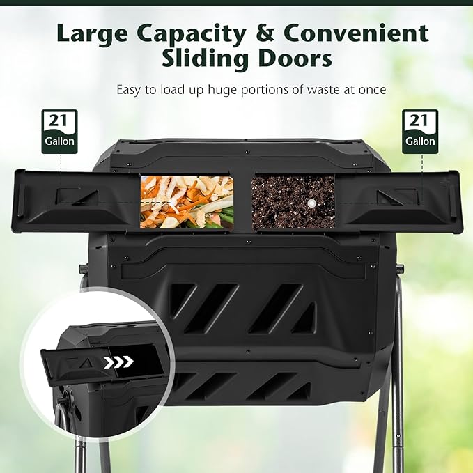 Goplus Compost Bin, Outdoor 42-Gal Dual Chamber Composting Tumbler w/2 Sliding Doors, Heavy-Duty Metal Frame, 360° Rotatable Tumbling Composter, BPA-Free Compost Tumbler for Kitchen Garden Yard Waste