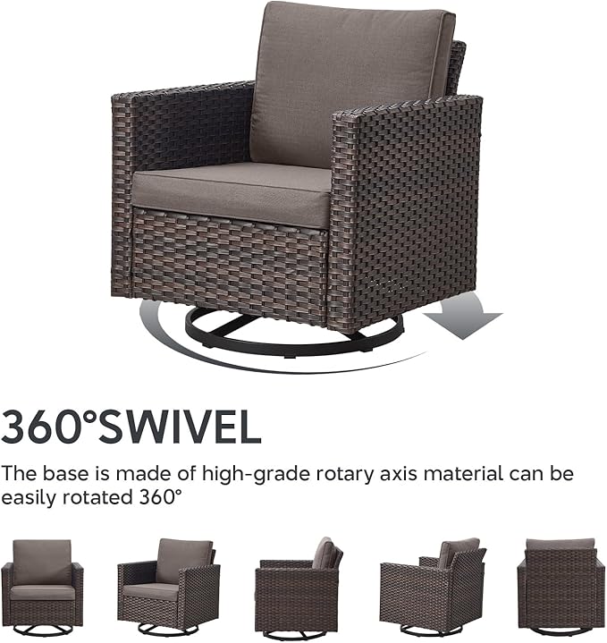Outdoor Swivel Rocker Chairs Set of 4 with Fire Pit Table - 5 Peice Wicker Patio Furniture Set Conversation Set with 50,000 BTU Fire Pit for Deck Backyard - Brown Wicker Grey Cushion