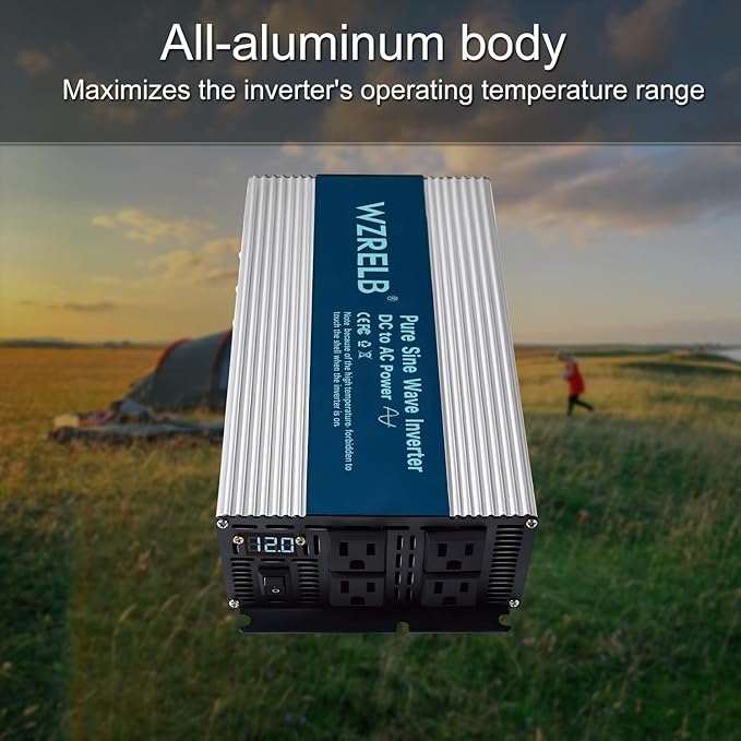 WZRELB 2000W Pure Sine Wave Inverter 12V DC to 110V 120V AC, Car Power Inverter with 4 AC Outlets, LED Display,Off-Grid Portable Power Converter for Home, RV, Truck, Camping