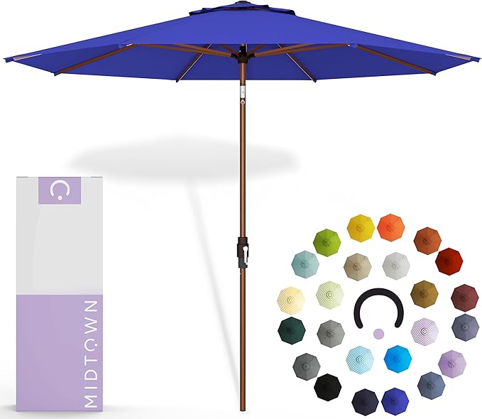 Midtown Umbrellas The Wooden 2-10 Feet Large Patio Umbrella, Terylast Royal Blue Fabric - Auto-Tilt Aluminum Frame For Backyard Umbrella, Deck Umbrella, Garden Umbrella & Pool Umbrella - Wooden Pole