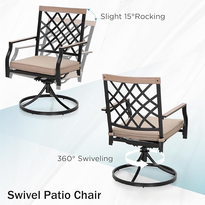 PHI VILLA Patio Dining Set of 7, 60" x 37" Metal Steel Outoor Dining Umbrella Table, 6 Swivel Chairs with Custion Patio Table Chair Set for Outdoor Garden Lawn Pool
