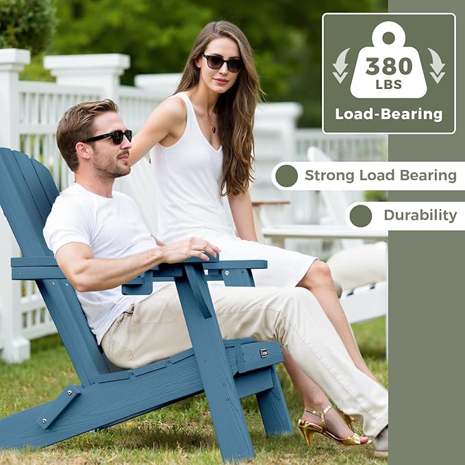 Folding Adirondack Chair Wood Texture 6 Pack, HDPE All-Weather Fire Pit Chairs, Plastic Adirondack Chairs with 2 Cup Holder, Outdoor Lawn Chair for Patio Garden (Navy Blue)