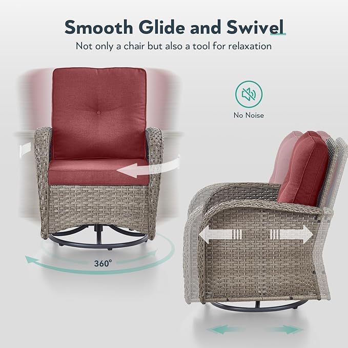 Outdoor Swivel Glider Rocker Chairs Set of 4 - Wicker Patio Furniture Set All Weather Patio Conversatio Sets with 2 Tempered Glass Side Table for Deck Backyard - Grey Wicker Red Cushion