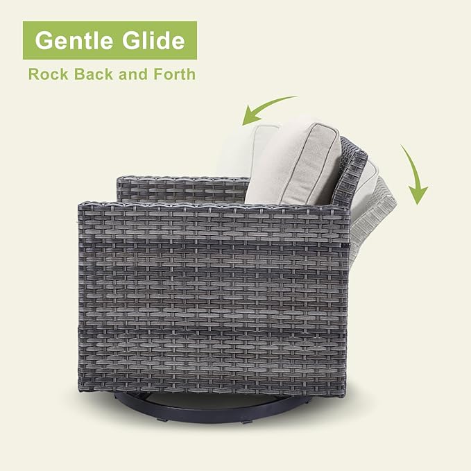 Wicker Outdoor Patio Furniture Set - 6 Piece Patio Conversation Set with 2 Swivel Rocker Chairs,2 Rattan Ottoman,1 Couch and 1 Metal Side Table for Outside Porch Deck Backyard(Mixed Grey/Beige)