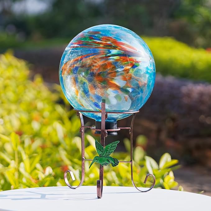10 Inch Glass Gazing Ball, with 9.4" Tall Metal Gazing Globe Stand, Glass Balls Display Holder Set for Outdoor Garden Lawn Yard Decoration, Blue Artistic