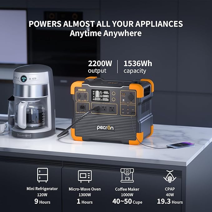 pecron E1500LFP Solar Generator with 2x300W Solar Panels,1536Wh/2200W Portable Power Station LiFePO4 Battery Backup for Home Use, Camping, RV