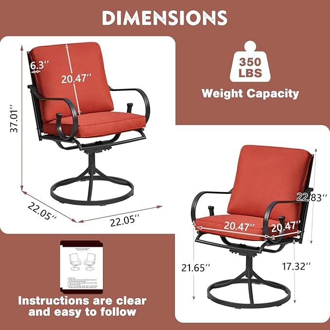 MELLCOM Patio Swivel Chairs Set of 2, Heavy Duty Outdoor Dining Chairs with Thickened Cushions, Metal Patio Chairs Gentle Rocker for Outside, Backyard, Red