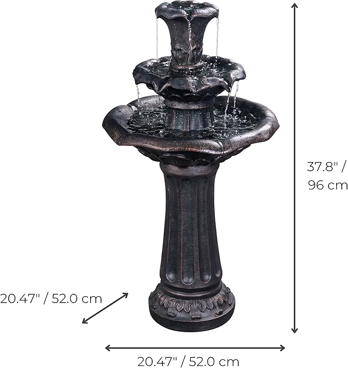 Teamson Home Lily Flower Floor Pedestal 3 Tiered Floor Waterfall Fountain with Pump for Outdoor Patio Garden Backyard Decking, 38 Inch Height, Dark Gray