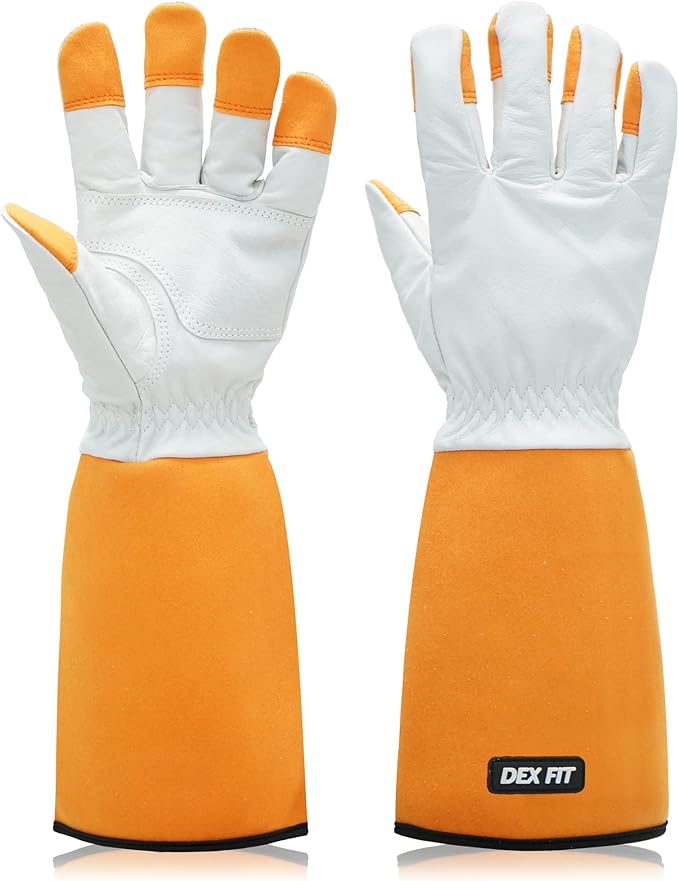 DEX FIT FG310 Gardening Gloves for Women & Men, Long Thorn Proof Leather Sleeves Protection, Comfortable, Durable for Cactus, Rose Bush Pruning and Garden and Yard Work; Orange S (7) 1 Pair