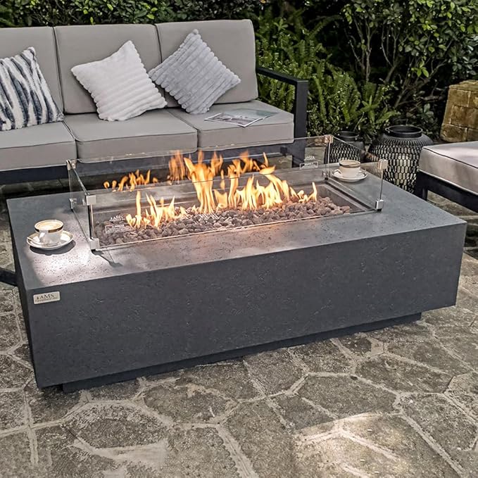 AMS Creations | Madison 60" Bundle Rectangular Natural Gas Outdoor Fire Pit Table | Dark Gray Concrete GFRC | Limestone Texture or Surface | Electronic Ignition | Outside Backyard Fireplace