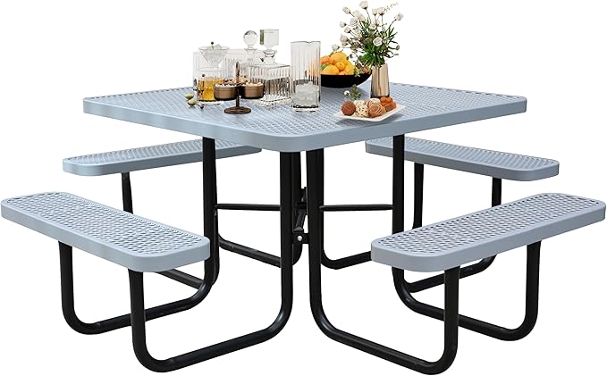 46Inch Square Picnic Table for 8 Person, Outdoor Heavy Duty Sturdy Picnic Tables with 4 Benches & Umbrella Hole, Commercial Metal Patio Picnic Table for Garden, BBQ, Coffee Store, Party, Porch (Grey)