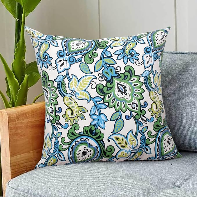 Magpie Fabrics Pack of 2 Outdoor Waterproof Throw Pillow Covers 18 x 18 Inch, Christmas Decorative Cushion Sham Pillowcase Shell for Garden Patio Tent Balcony Couch Sofa(Floral Blue Green)