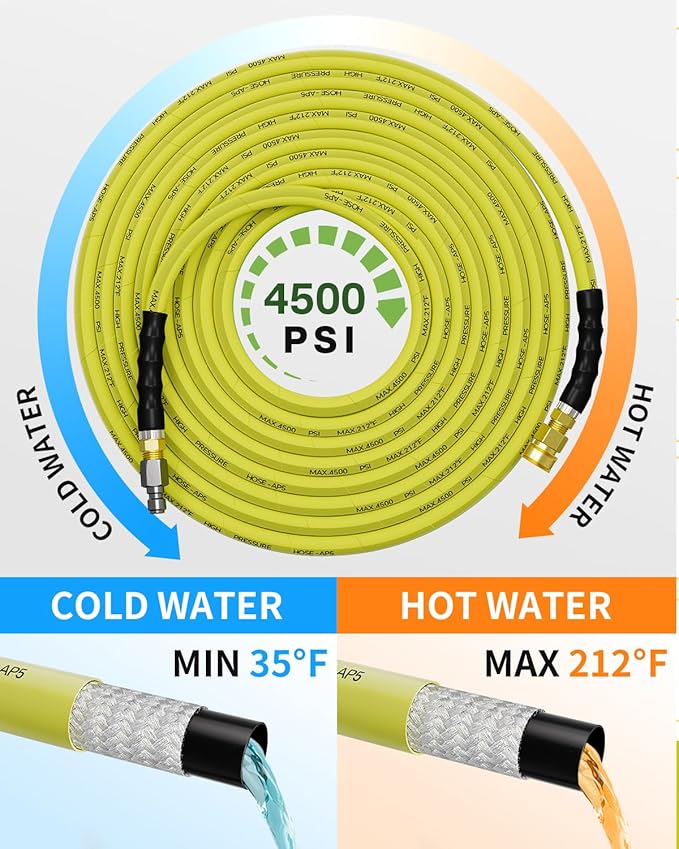 Pressure Washer Hose 75FT 3/8" for Cold and Hot Water 212°F, with Swivel Quick Connect, 4500PSI Kink Resistant Grade Steel Wire Braided, Power Washer Hose With 2pcs M22-14mm Adapter