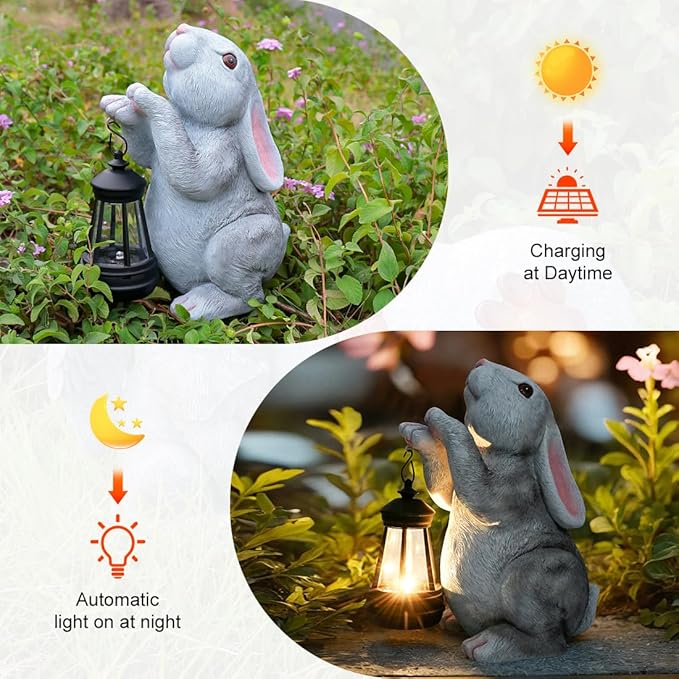 Solar Rabbit Garden Statues， Outdoor Bunny Figurines Decorations for Patio Yard Lawn Ornaments Christmas Housewarming Gift.