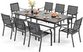 PHI VILLA 9 Pieces Outdoor Dining Set for 8, Large Rectangular Metal Dining Table with Umbrella Hole & Stackable Wrought Iron Chairs, Dining Furniture for Patio, Deck, Yard, Porch
