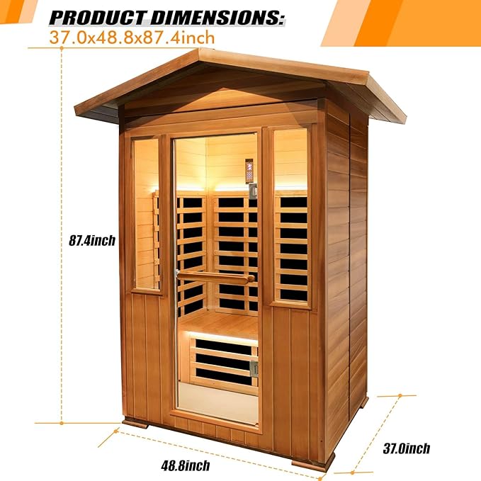 2 Person Outdoor Sauna Infrared Saunas Dry Sauna Room Red Cedar and Canadian Hemlock Wood Wooden Sauna Spa 1800W APP Control 7 Color Light 48.8 * 37 * 87.4inch