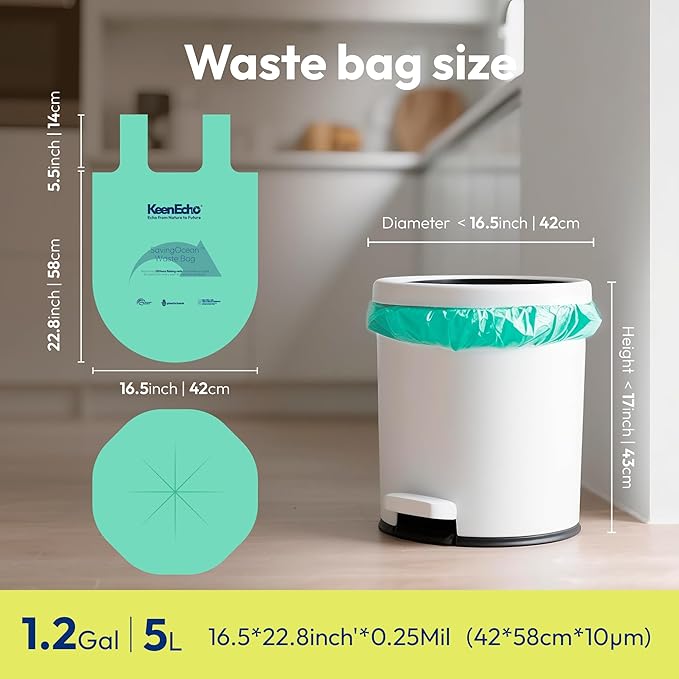 1.2 Gallon 200 Counts Small Green Trash Bags with Handle, Ocean Fishing Nets Upcycling, Sage & Sea Salt Scented, Plastic Garbage Bags, Waste Bag for Kitchen, Bathroom, Office and Pets