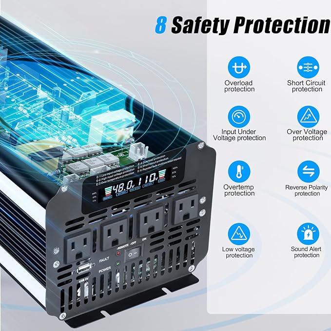 LVYUAN 5000 Watt Power Inverter 48V to 110V 120V for Vehicle, Solar Inverter System, Heavy Duty, RV, Truck, Off Grid,Camping with 4 AC Outlets, LCD Display, Wireless Remote Control, Car Power Inverter
