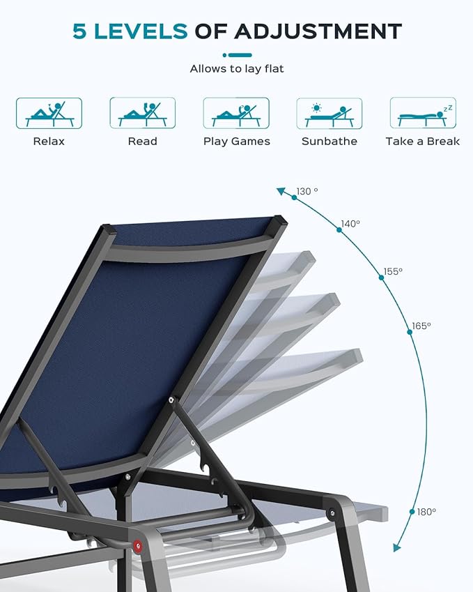 Aluminum Chaise Lounge Ourdoor - Foldable & Assemble Free Outdoor Lounge Chair with 5 Adjustable Backrest, Patio Lounge Chair for Outside Poolside Beach Pool, Navy Blue