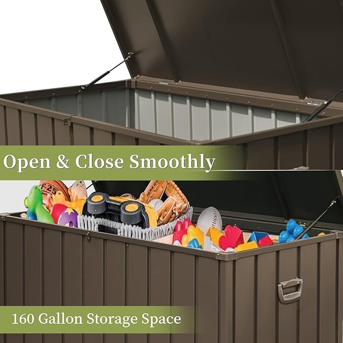 Metal Storage Box for Outdoor Dark Brown Lockable Water-Resistant Deck Box for Patio Garden Tools Organization Rust-Resistant Heavy-Duty Outside Storage Box (160 Gallon)