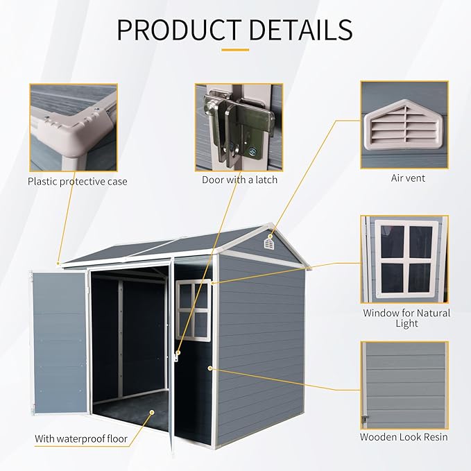 8x6 ft Resin Outdoor Storage Shed with Two-Window and Double-Door, Plastic Shed with Floor for Gargen, Patio, Yard, Lawn, Grey (1 Doors) (Grey, 8x6 ft)