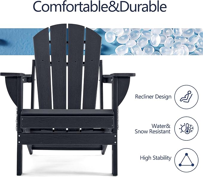 Folding Adirondack Chair, HDPE Outdoor Texture Lawn Chair with Reclining Back, Cup and Phone Holder - Comfortable Firepit Chair Weather Resistant for Patio or Backyard (Dark Black, Set of 4)